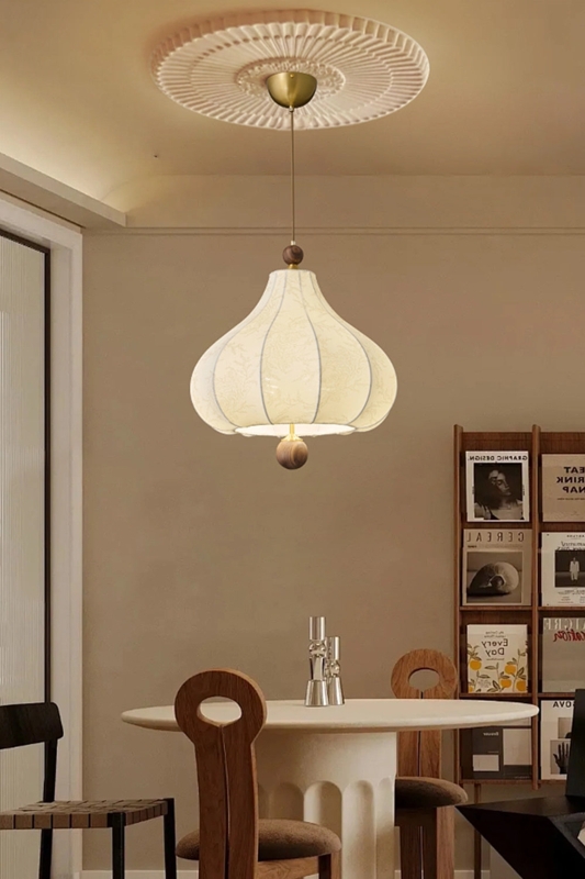 Pendant Light Chestnut Fabric Accordion Pleats Wide Brim Japandi Style