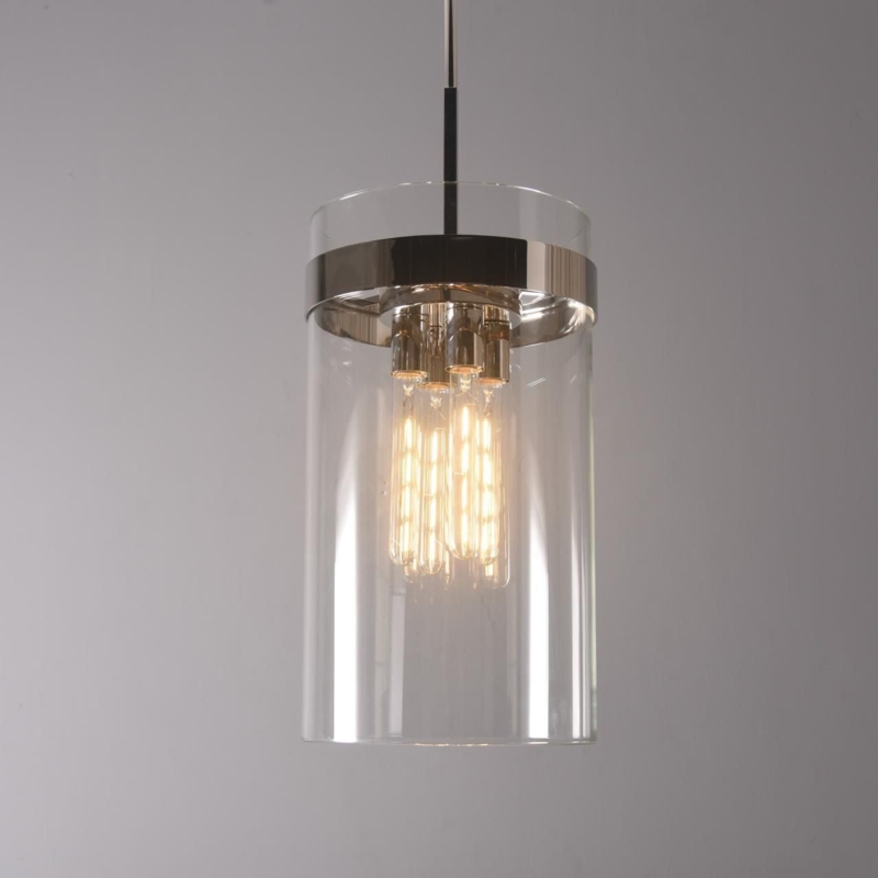 Pendant Light, Chrome Cylinder Armature with Textured Glass Panels