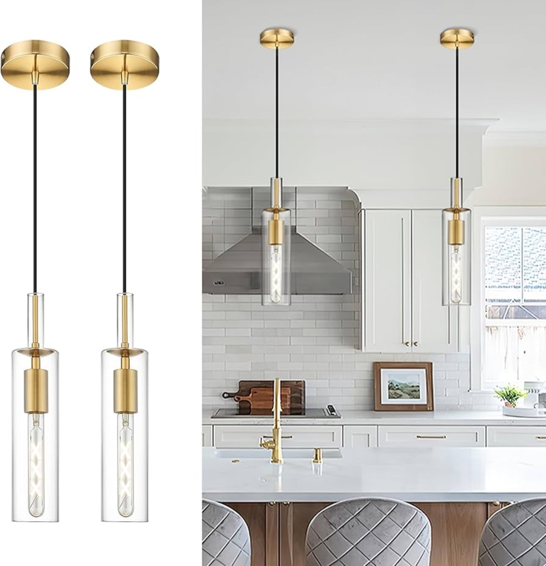 Pendant Light, Clear Cylinder Glass Shade with Brushed Gold Hardware