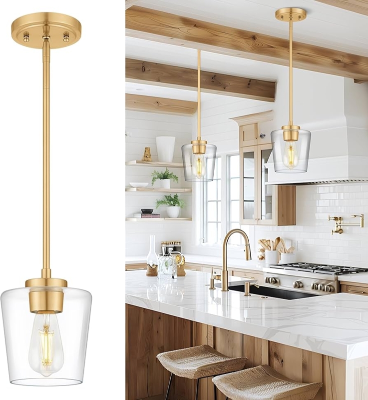 Pendant Light Clear Flared Glass Shade Brushed Gold Transitional Kitchen