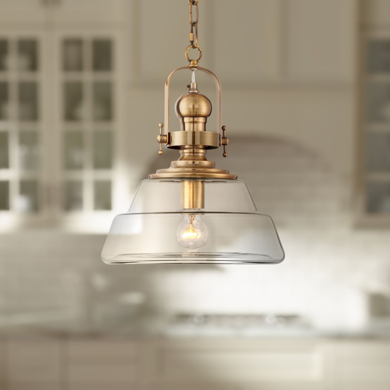 Pendant Light Clear Glass Bell Shade Antique Brass Hardware