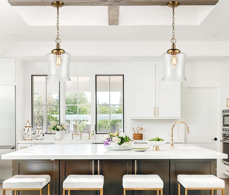 Pendant Light Clear Glass Bell Shaped Shade Brushed Brass Industrial