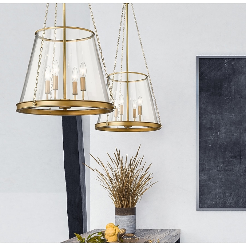 Pendant Light Clear Glass Cone Shade Rubbed Brass 4-Light Transitional