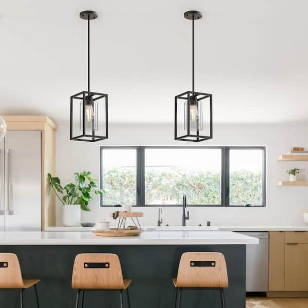 Pendant Light Clear Glass Cylinder Square Black Industrial Fixture