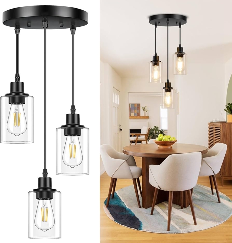 Pendant Light, Clear Glass Cylinders, Matte Black, Industrial Kitchen Island Lighting