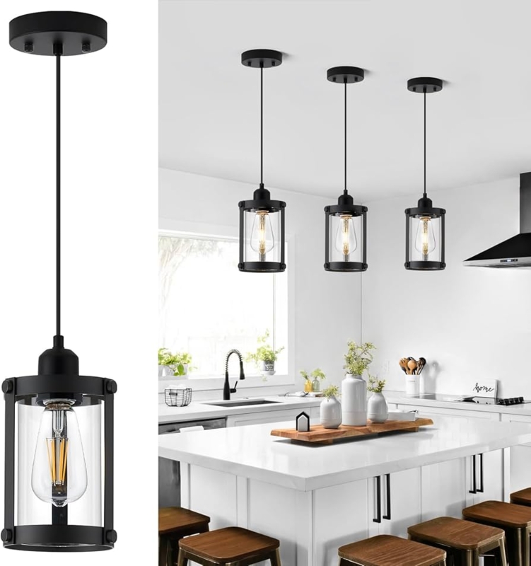 Pendant Light, Clear Glass Cylindrical Shade, Cord Hung, Matte Black