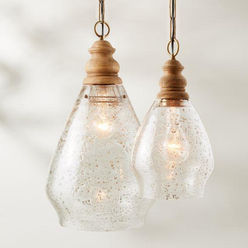 Pendant Light Clear Glass Dome Shade Wood Cap Accent Transitional