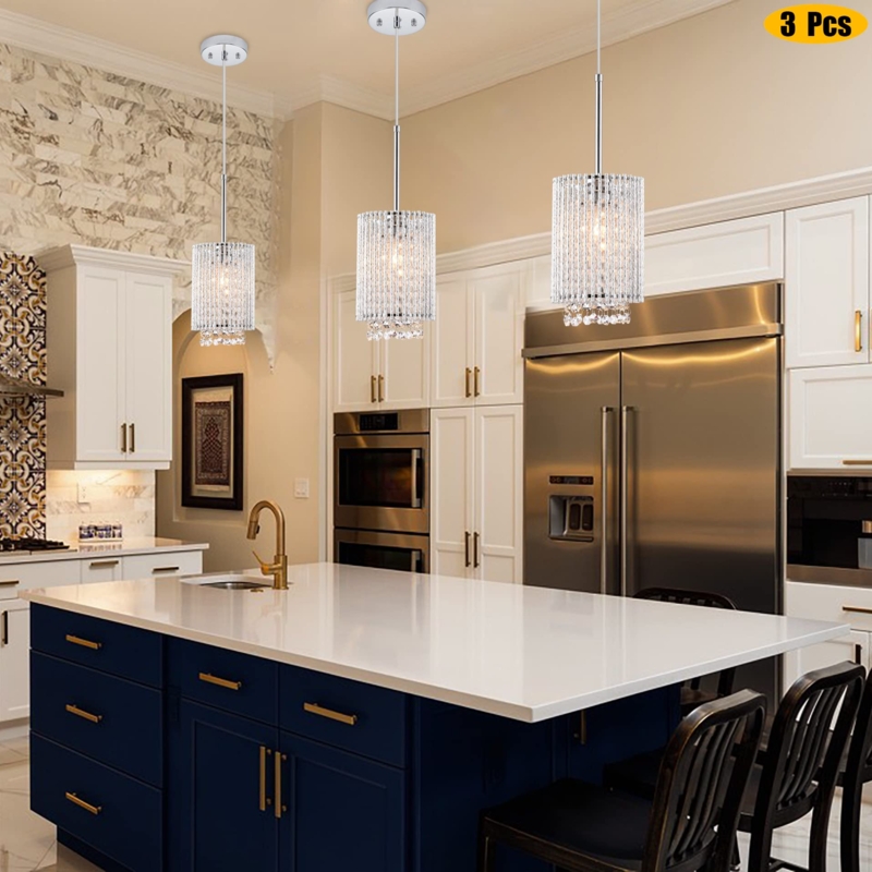 Pendant Light, Clear Glass Shades, Trio Arrangement, Black Metal Pendant Lights Set