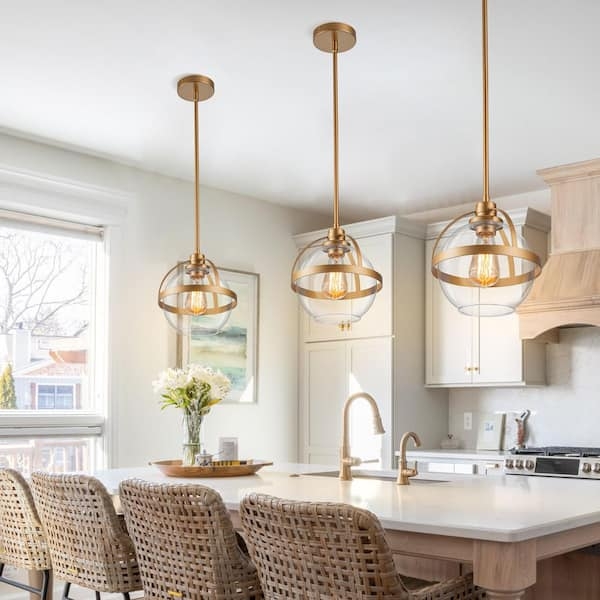 Pendant Light: Clear Glass Sphere with Polished Gold Downrod Hardware