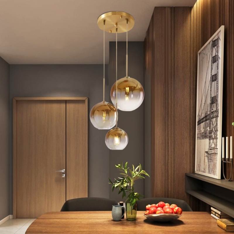 Pendant Light Cluster Gradient Amber Glass Shades Gold Hardware
