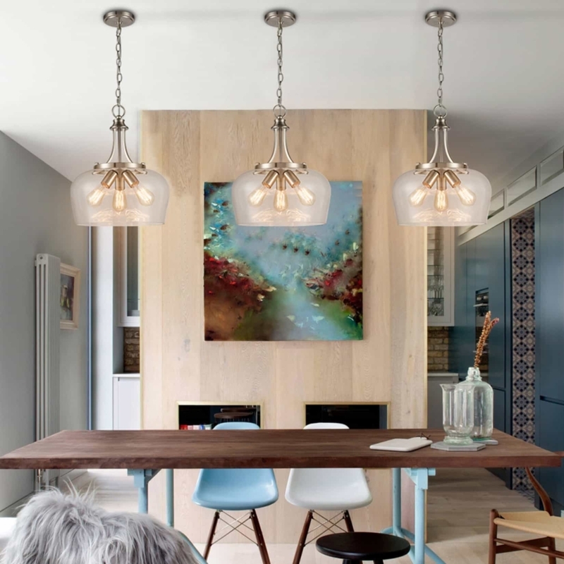 Pendant Light Cluster Staggered Clear Cylindrical Glass with Exposed Bulbs