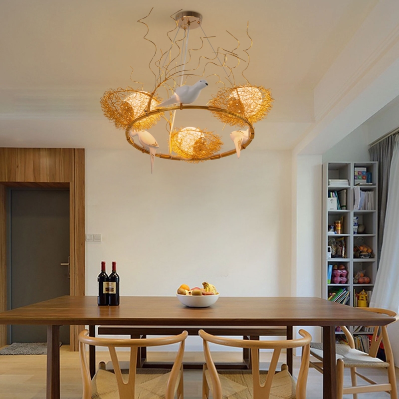 Pendant Light Cluster with Woven Bird Nest Design in Metallic Finish