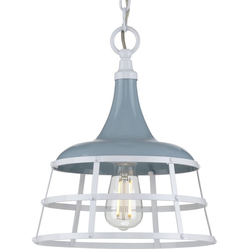 Pendant Light Coastal Blue Matte Metal Shade Wood Spindle Accent