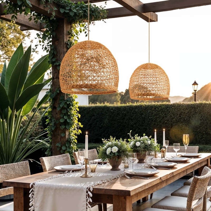 Pendant Light Coastal Oversized Woven Rattan Dome for Patio Dining
