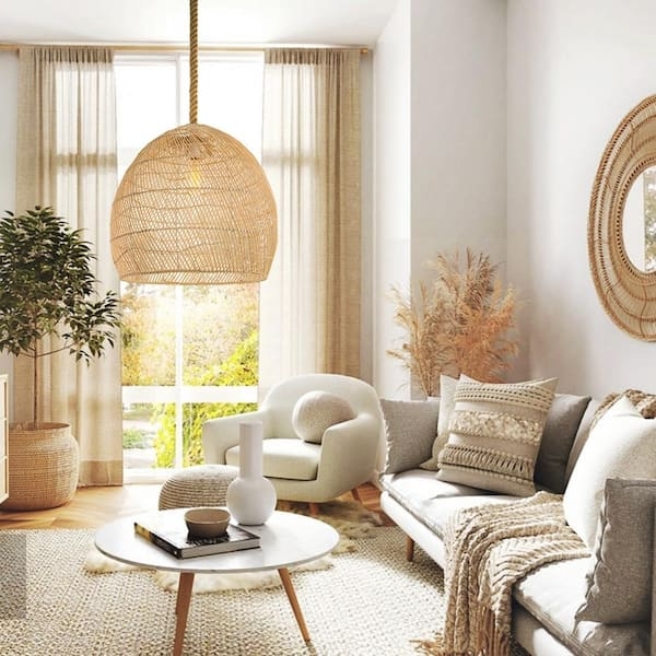 Pendant Light: Coastal Rattan Dome with Rope Cord