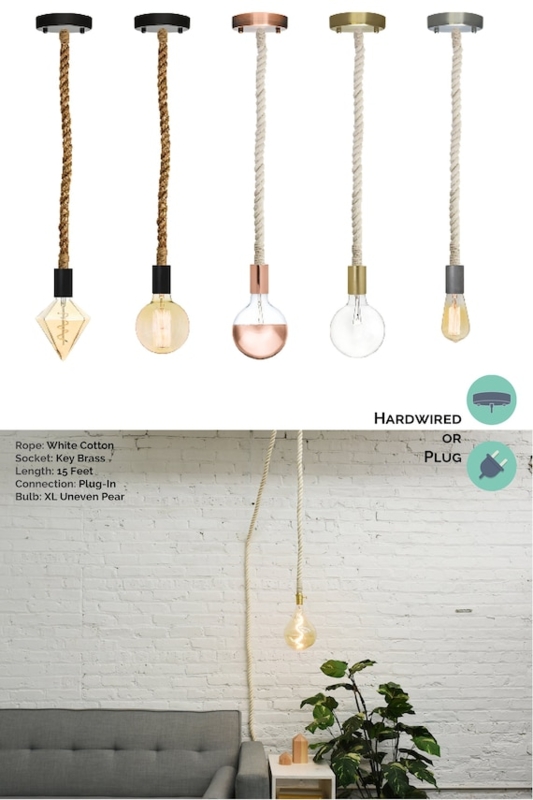 Pendant Light: Coastal White Braided Rope Fixture with Knotted Cord