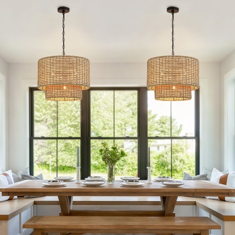Pendant Light: Coastal Woven Rattan Drum with Black Metal Hardware