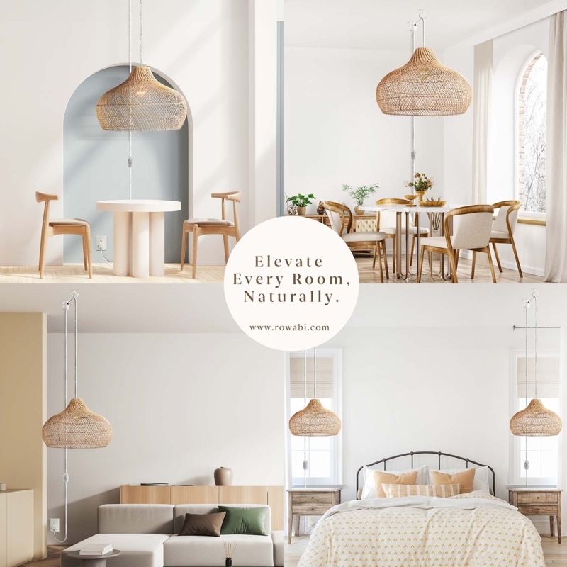 Pendant Light, Coastal Woven Rattan Shade with Convenient Plug-In Cord
