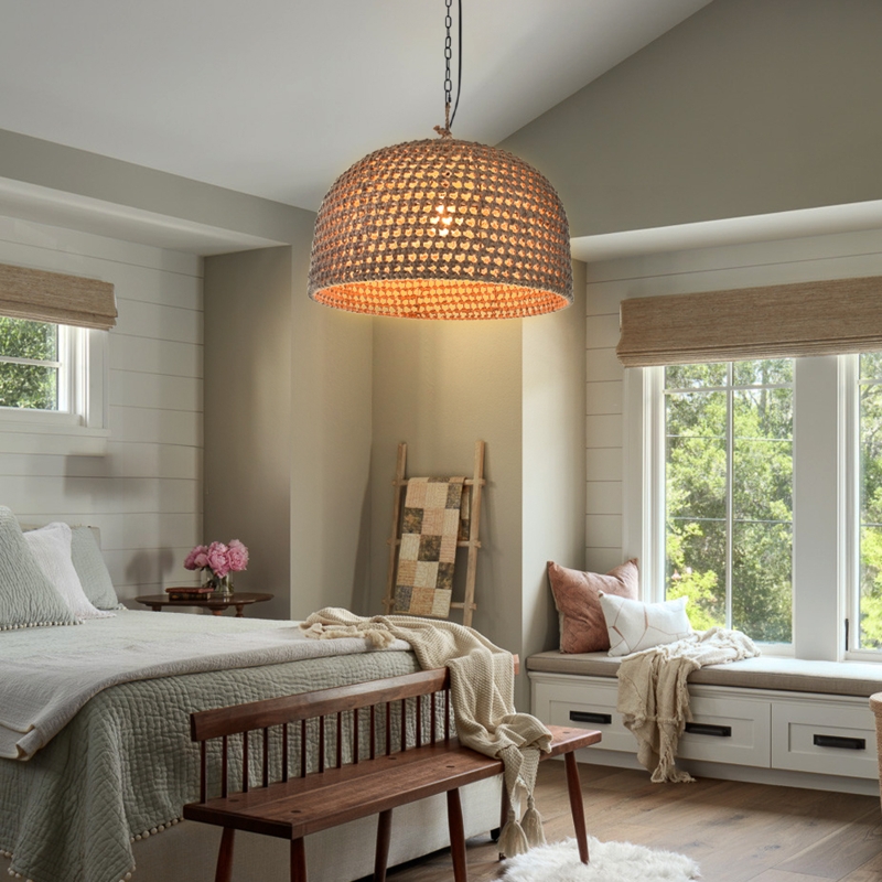 Pendant Light: Conical Cloche Silhouette Woven Hemp Texture