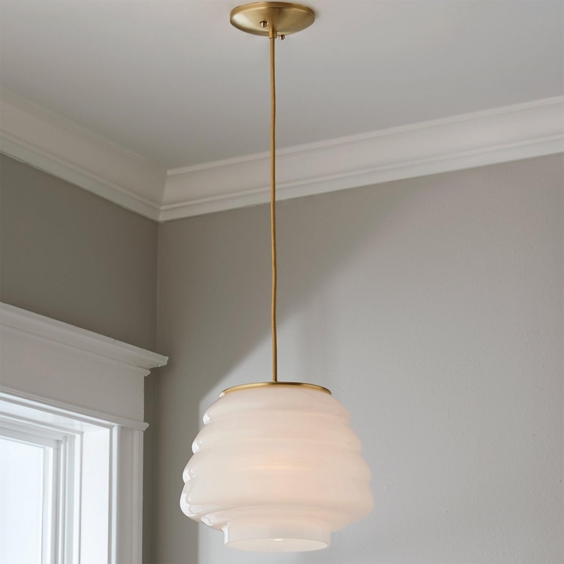 Pendant Light Contemporary Brushed Brass Milk Glass Beehive Silhouette