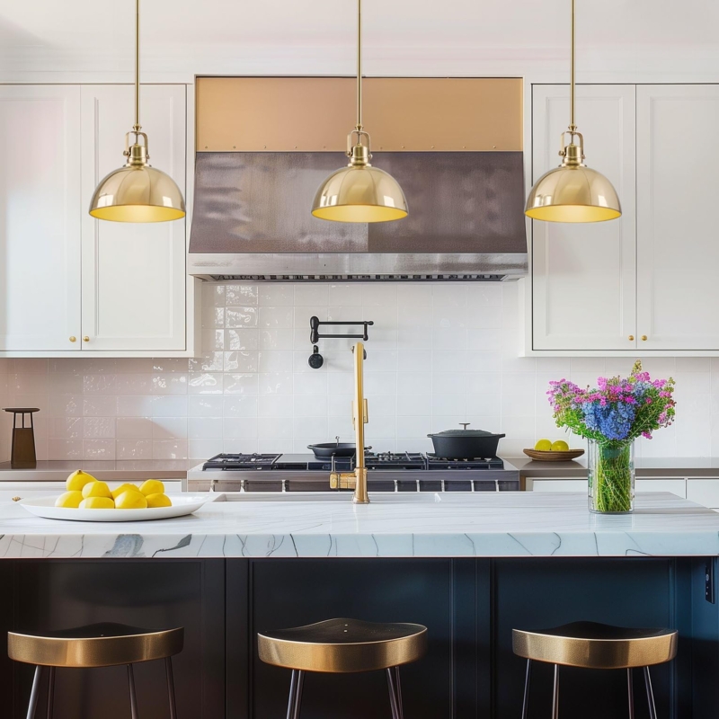 Pendant Light Cool Brass Bell Shade with Swivel Joint Rod Suspension
