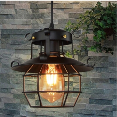 Pendant Light Dark Iron Cage Dome Exposed Edison Bulb Rustic Style