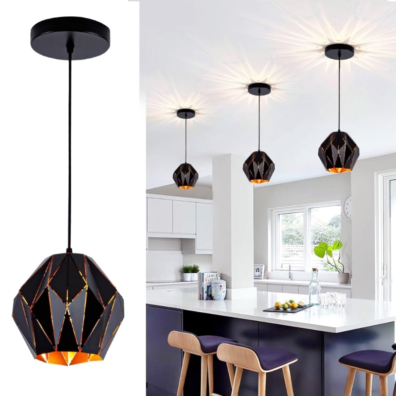 Pendant Light Diamond Geometric Shade Matte Black Industrial Cage