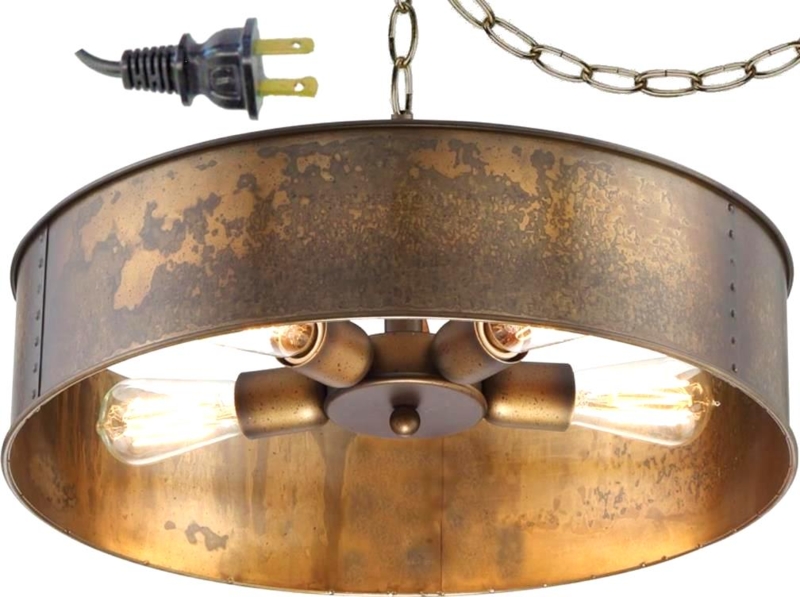 Pendant Light: Distressed Bronze Metal Drum with Rustic Lattice Frame