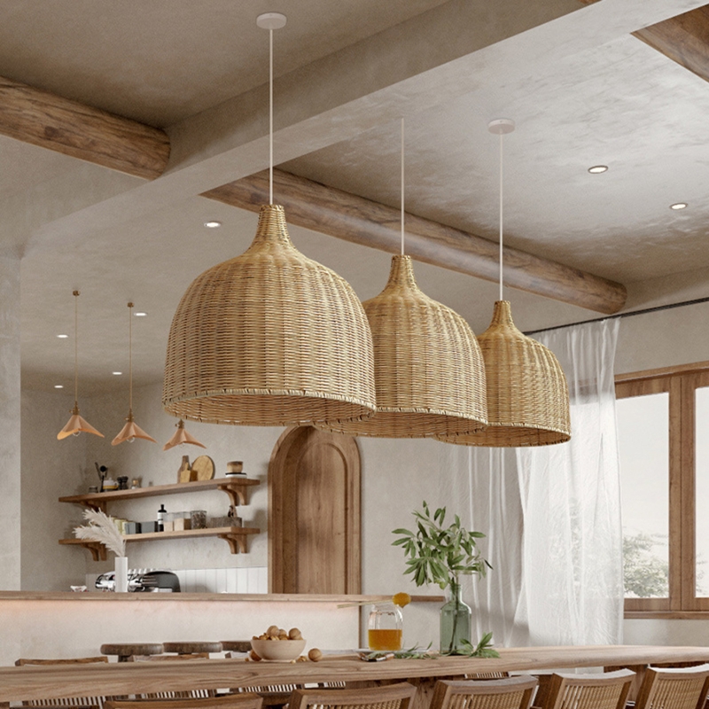 Pendant Light Double Layered Rattan Tiered Drum Boho Coastal Ceiling