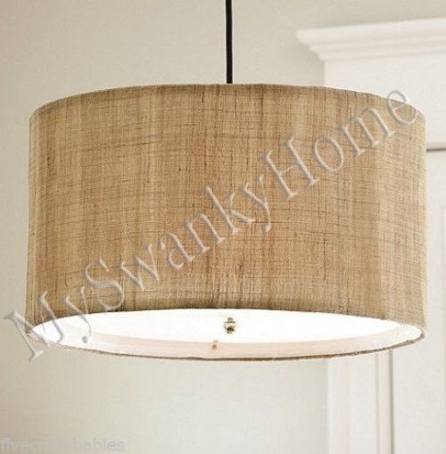 Pendant Light Drum Shade Tan Burlap Woven Fabric Rustic Coastal