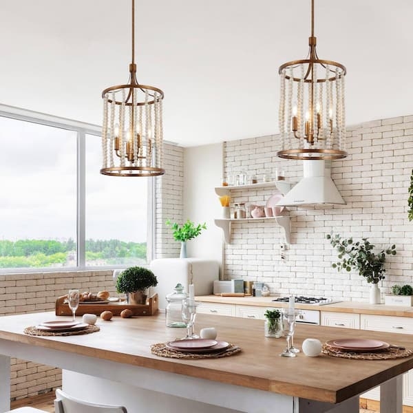 Pendant Light Drum Shade Whitewashed Wood Beads Antique Gold Boho