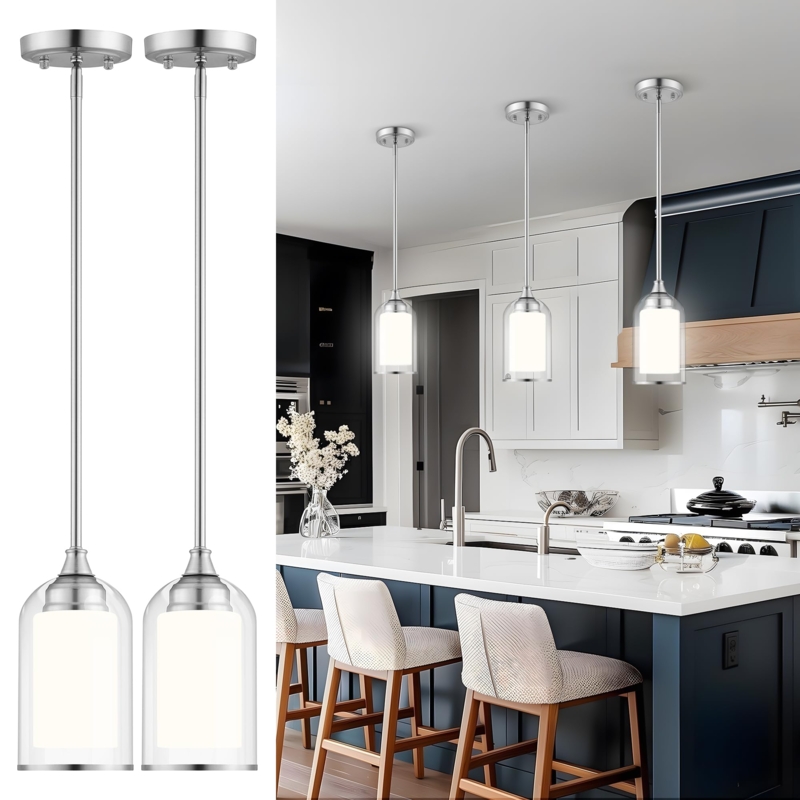 Pendant Light Dual Glass Shades Brushed Nickel Opal Diffusion Sphere