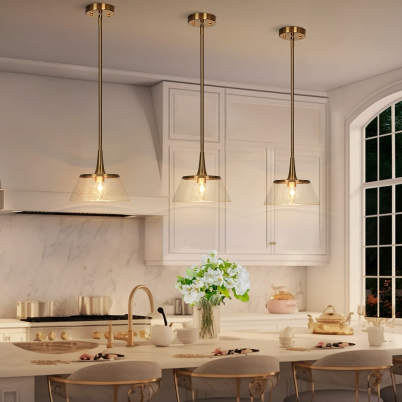 Pendant Light Electroplated Gold Seeded Glass Round Shade