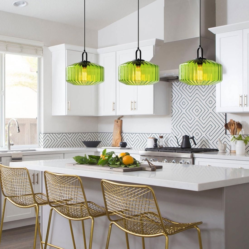 Pendant Light Emerald Green Ribbed Glass Staggered Height Brass