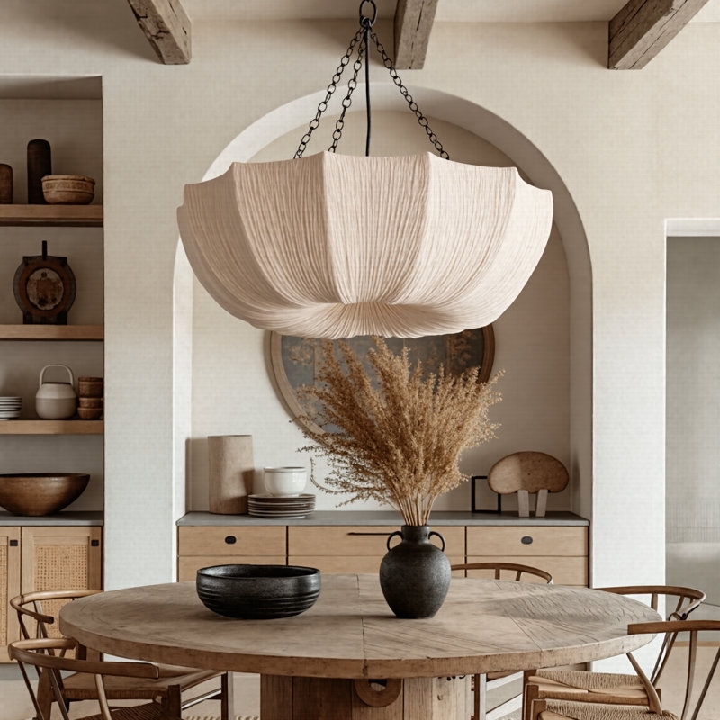 Pendant Light Extra Wide Bowl Cream Fabric Shade Transitional Fixture