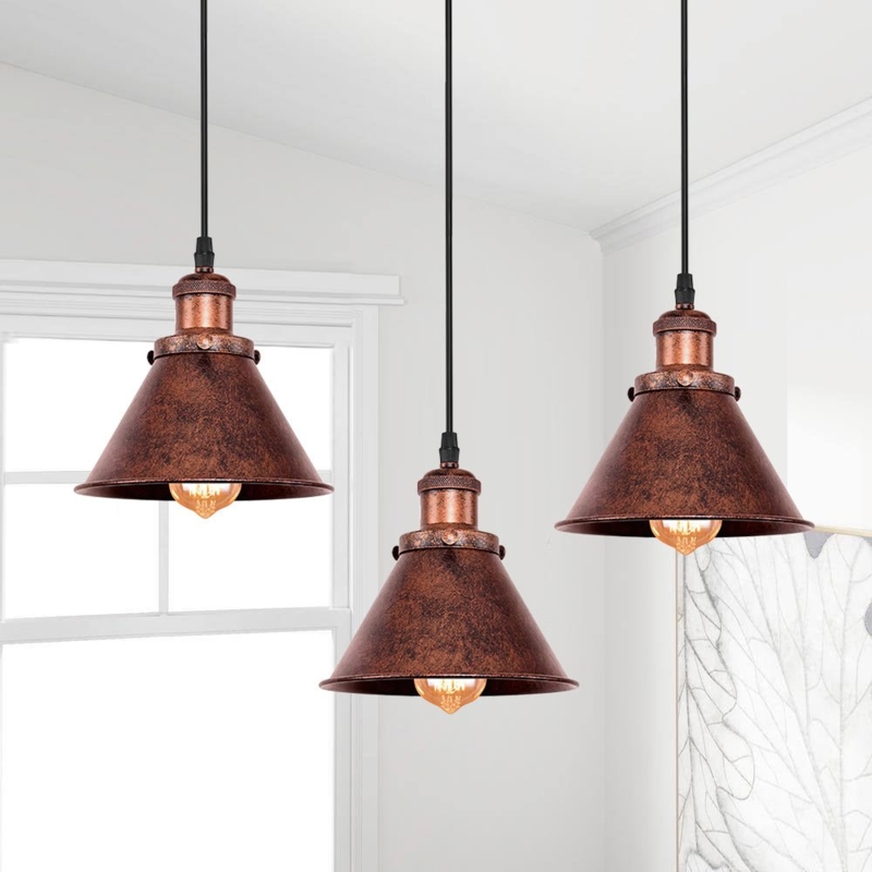 Pendant Light Farmhouse Antique Copper Cone Shade Twisted Fabric Cord
