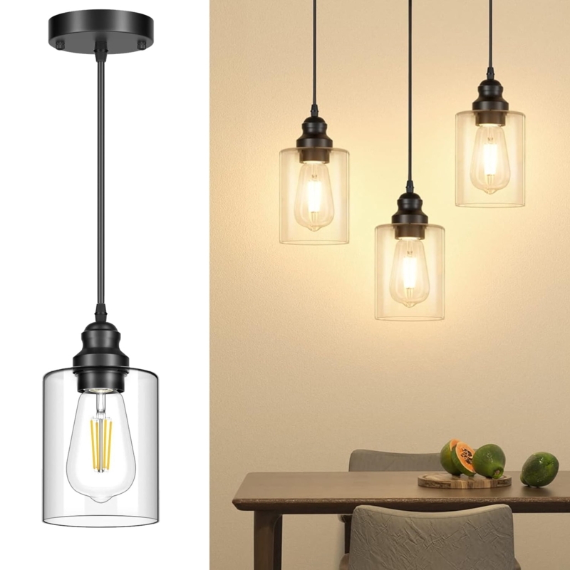 Pendant Light Farmhouse Industrial Matte Black Seeded Glass Shade