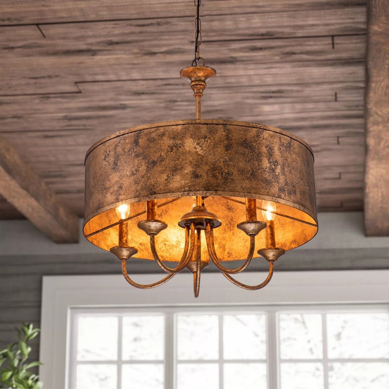 Pendant Light: Farmhouse Industrial Rust Iron with Mesh Drum Shade