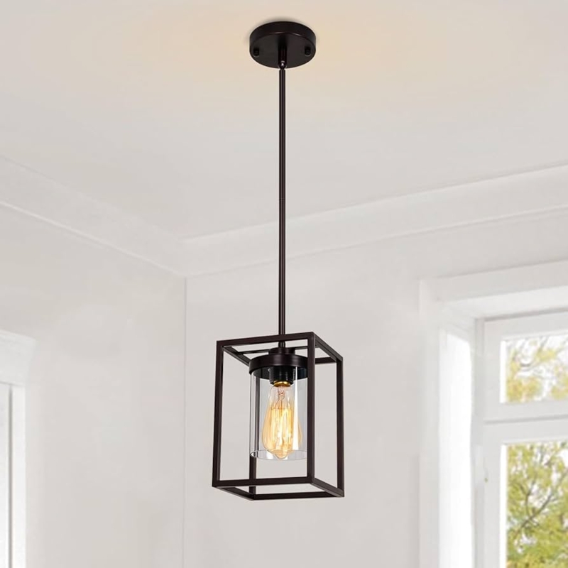 Pendant Light Farmhouse Lantern Iron Cage with Glass Shade Entryway Fixture