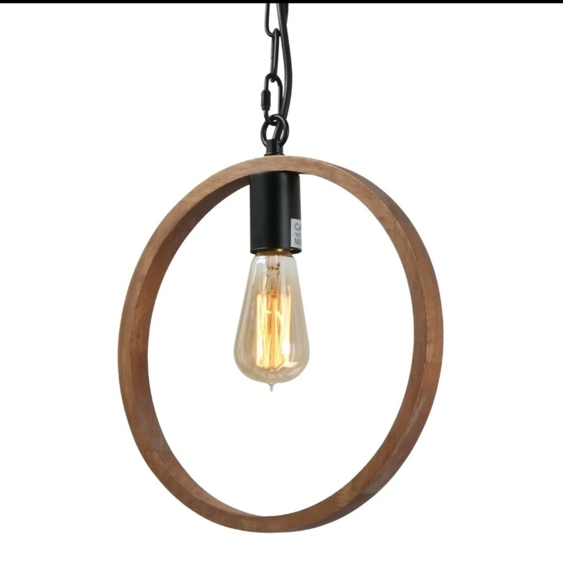 Pendant Light Farmhouse Rustic Wood Circular Frame Wire Cage Detail