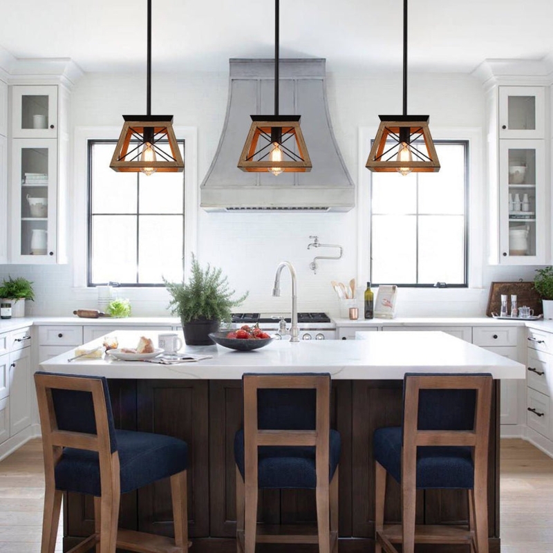 Pendant Light Farmhouse Wood Open Box Frame with X-Brace Detailing