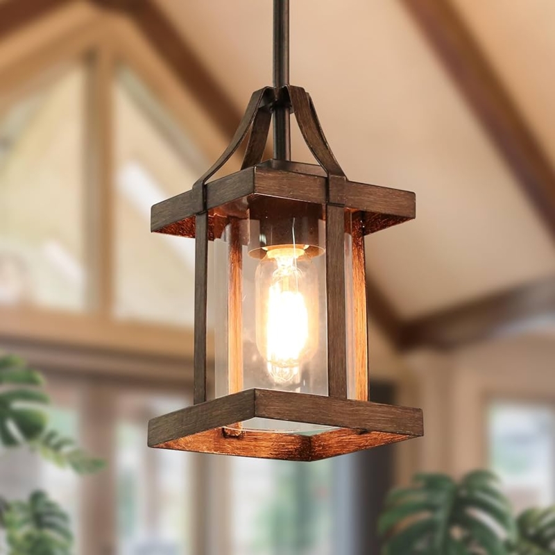 Pendant Light Faux Wood Top Clear Glass Cylinder Pendant Lights