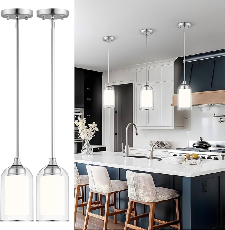 Pendant Light featuring Dual Clear and Milk Glass Cylinder Shade