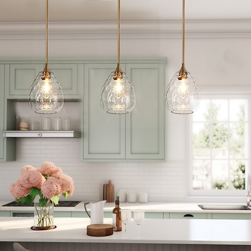 Pendant Light featuring Polished Gold and Rippled Glass Teardrop Shade