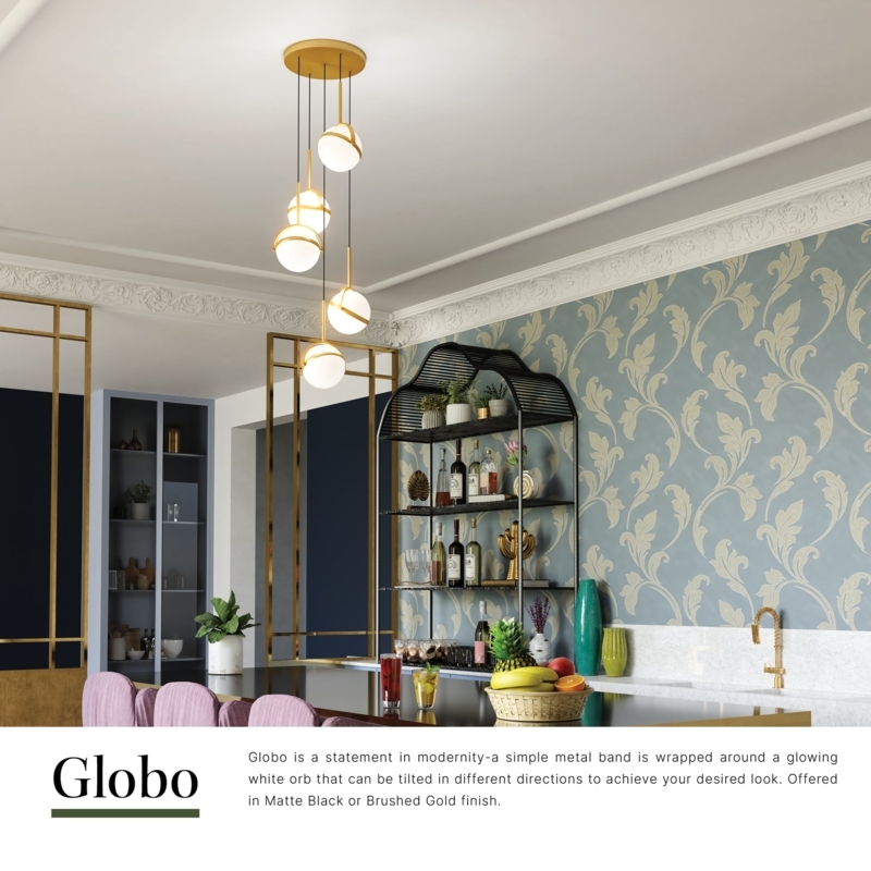 Pendant Light, Five Head Cluster with Staggered Clear and Frosted Globes