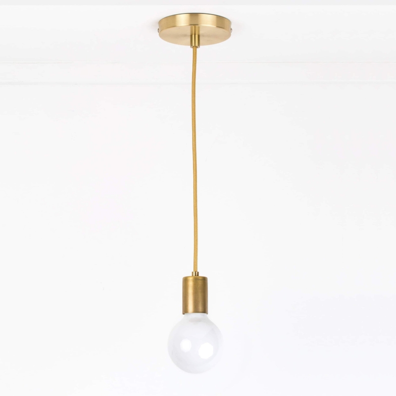 Pendant Light Flat Top Socket Brass White Textile Cord Minimalist