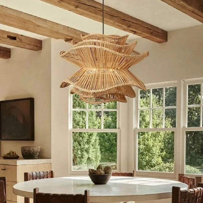 Pendant Light Flower Shape Woven Rattan Natural Tan Finish