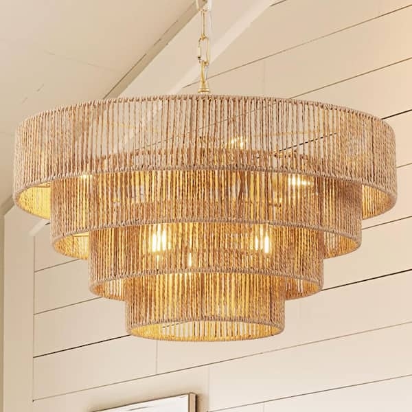 Pendant Light Four Tier Design Woven Rattan Large Scale