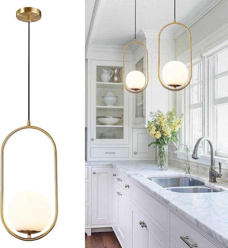 Pendant Light Frosted Glass Globe Brushed Gold Downrod Mid-Century Modern