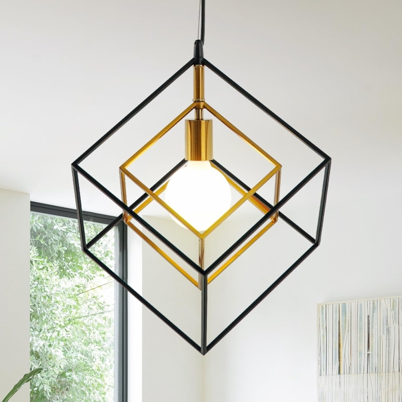 Pendant Light Geometric Cube Frame Matte Black Industrial Farmhouse